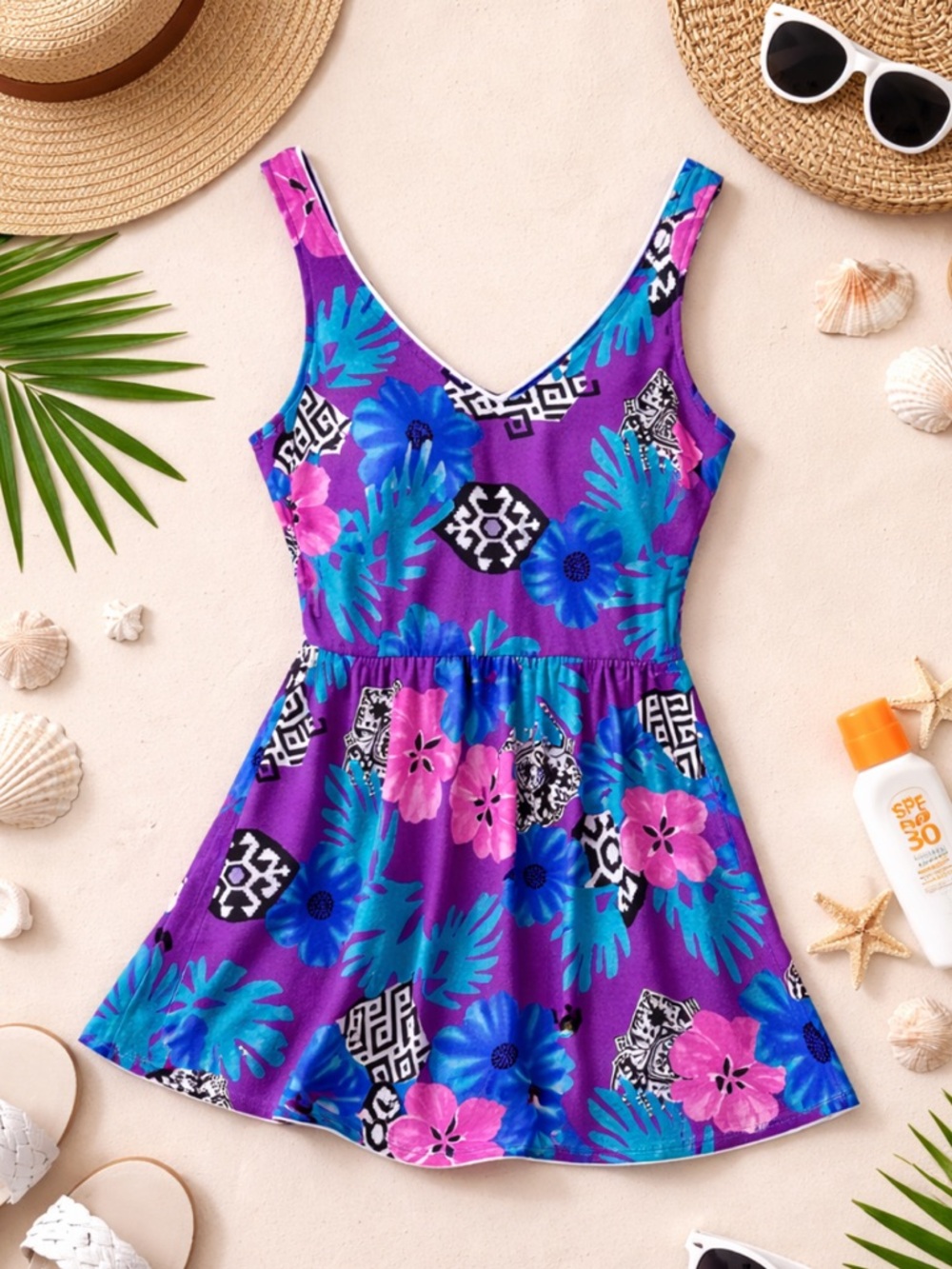 Vintage Maxine of Hollywood Swim Dress Purple Floral One Piece Built-In Bra